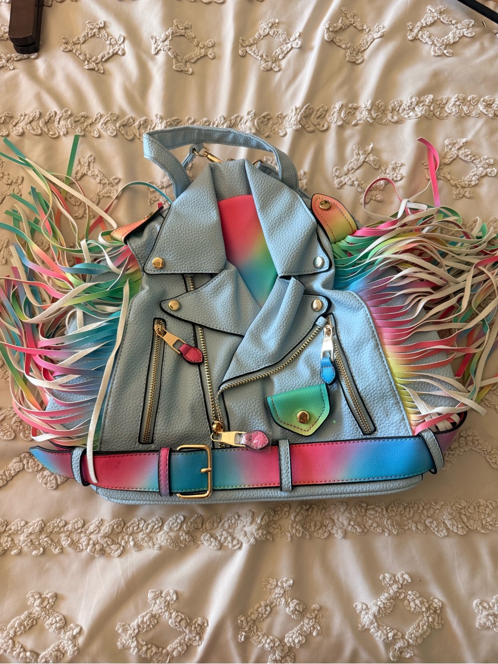 Rainbow Fringe Light Blue Faux Leather Backpack
